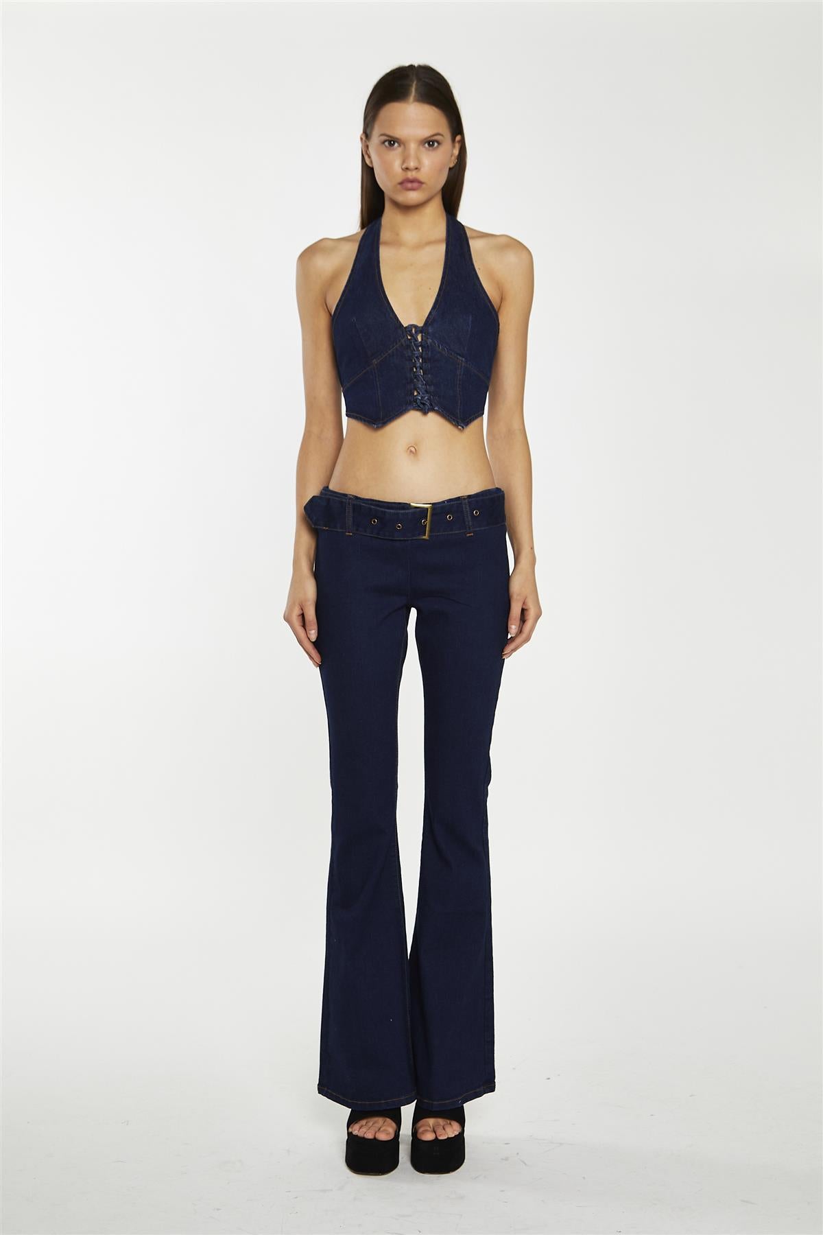 Indigo Wash Flared Denim Low-Rise-Jeans