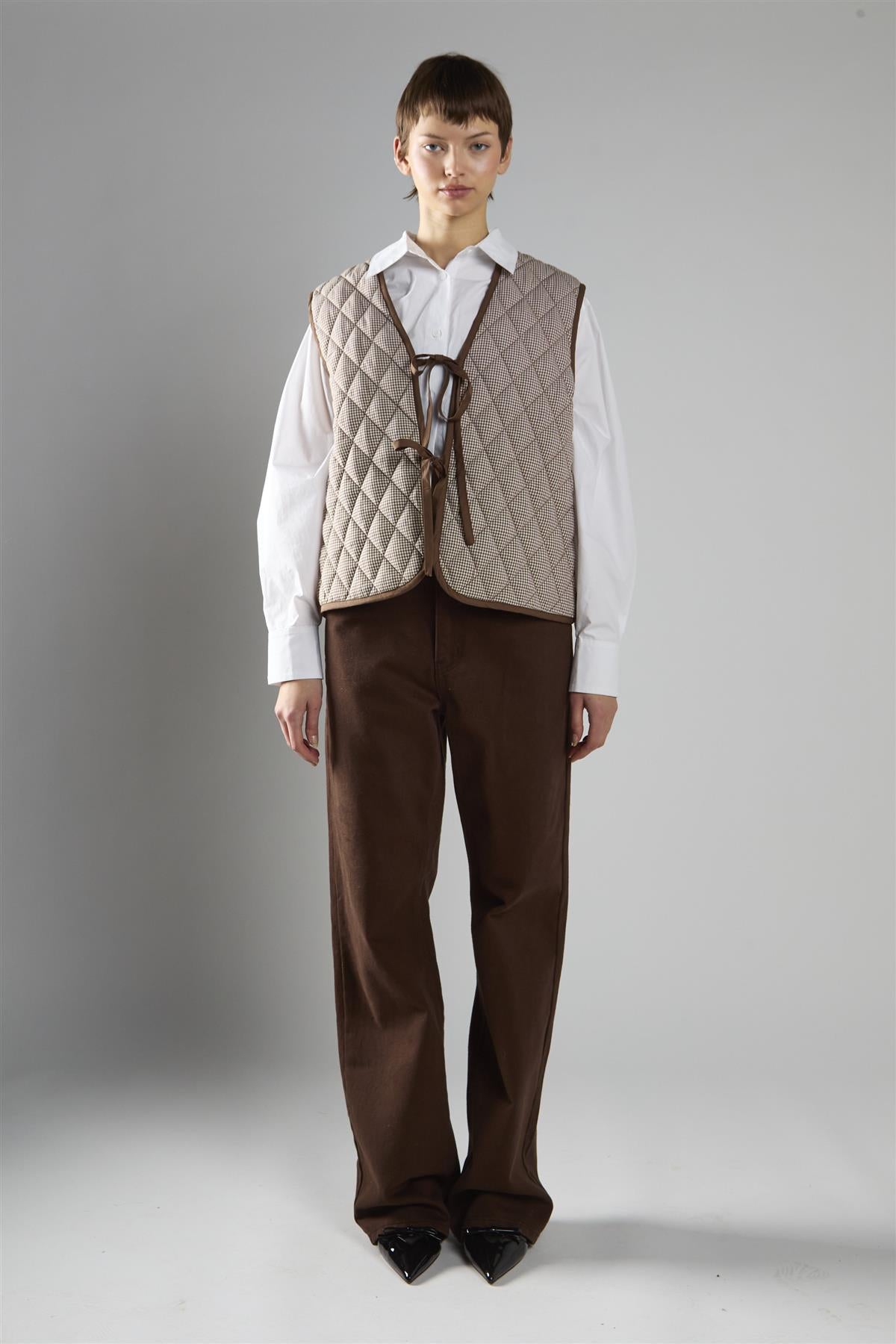 Brown Cream Gingham Quilted Front Tie Gilet
