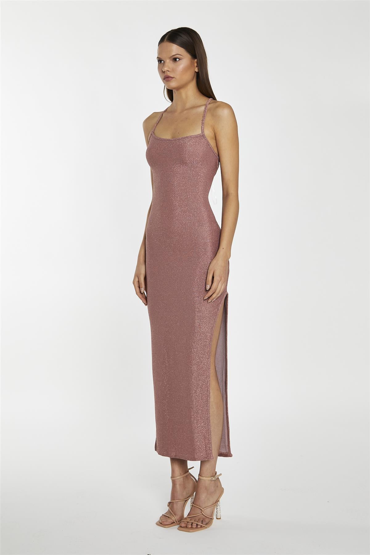 Rose-Glitter Lace-Up Back Midaxi-Dress