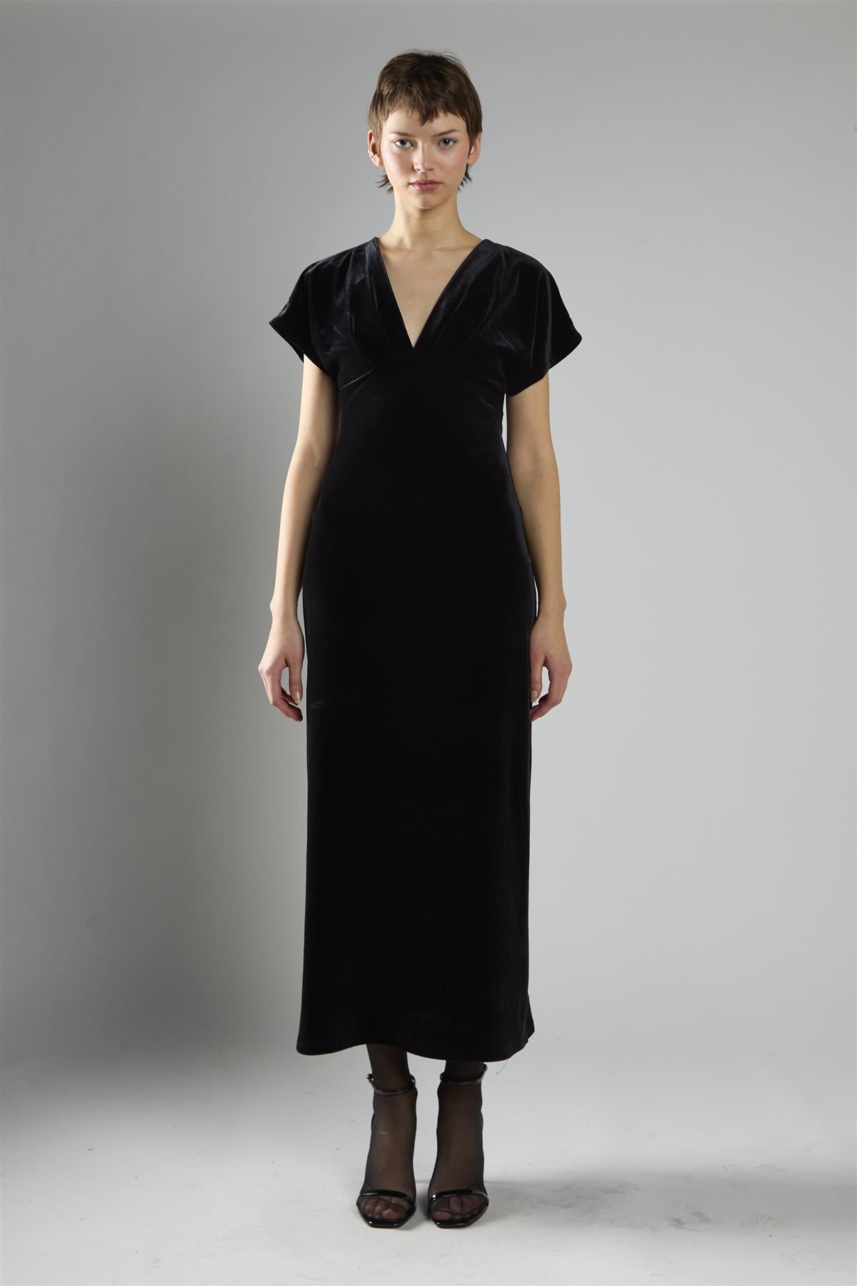 Black Velvet Short Sleeve V-Neck Maxi Dress