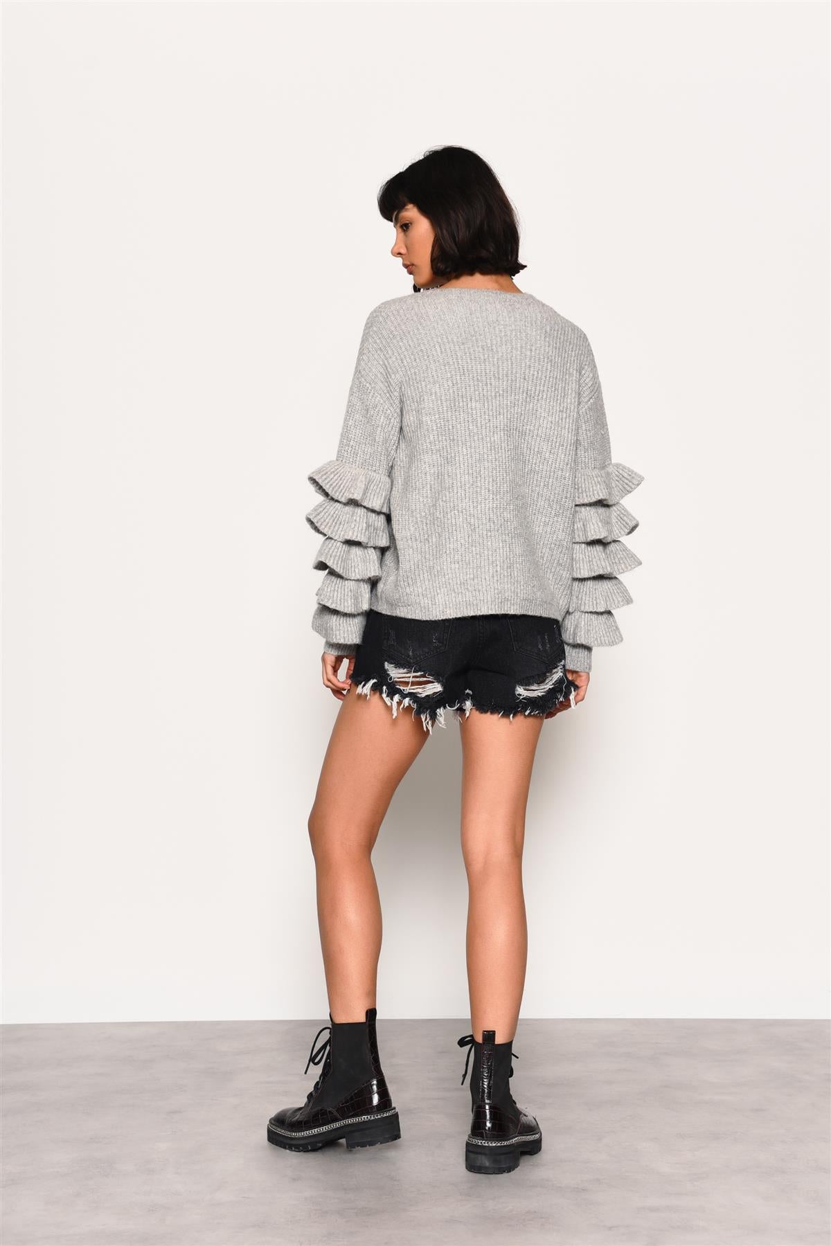 Grey Marl Statement-Sleeve Jumper