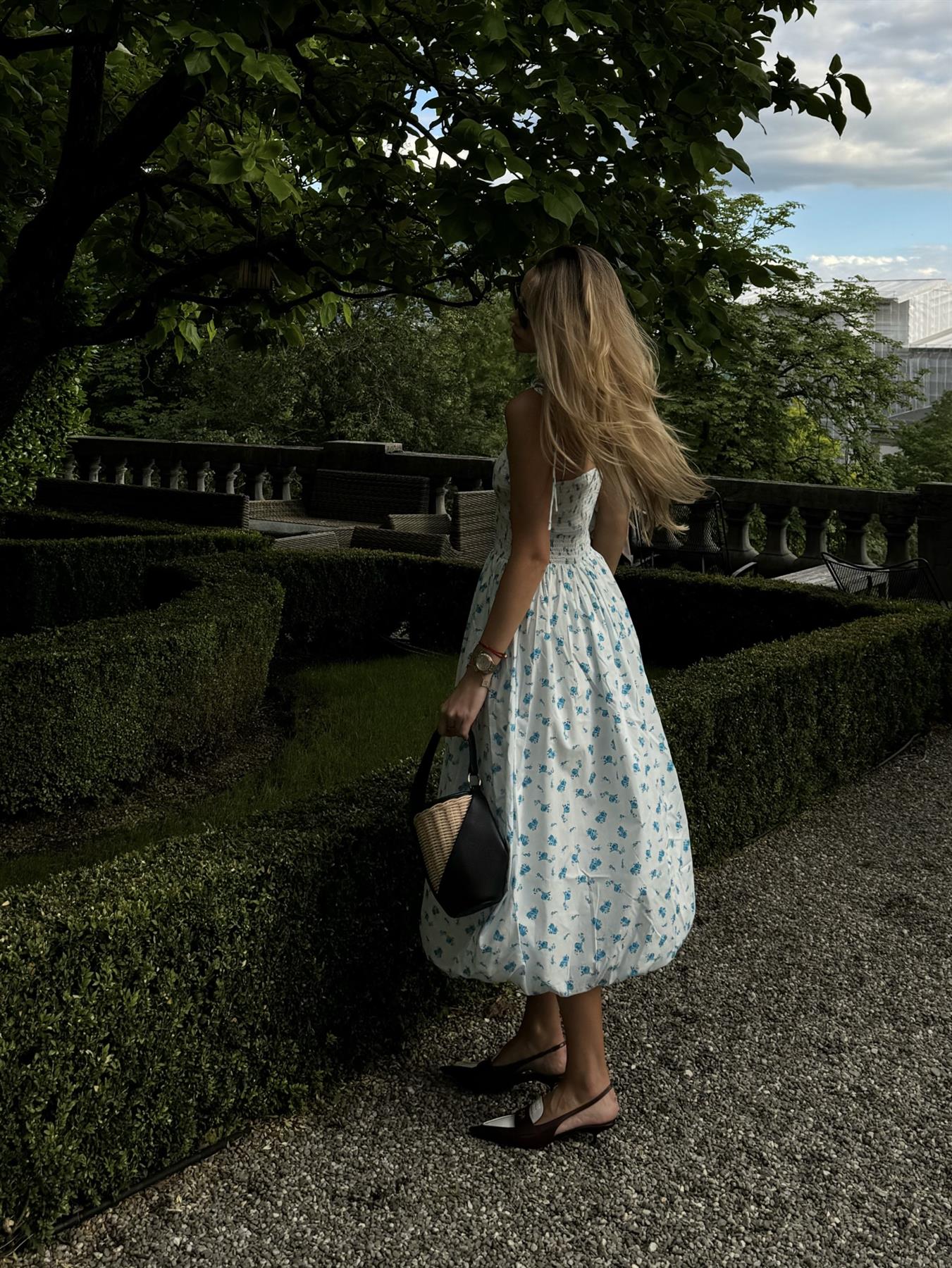 White Teal Blue Ditsy Spaghetti Strap Midi Dress
