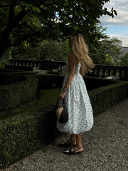 White Teal Blue Ditsy Spaghetti Strap Midi Dress