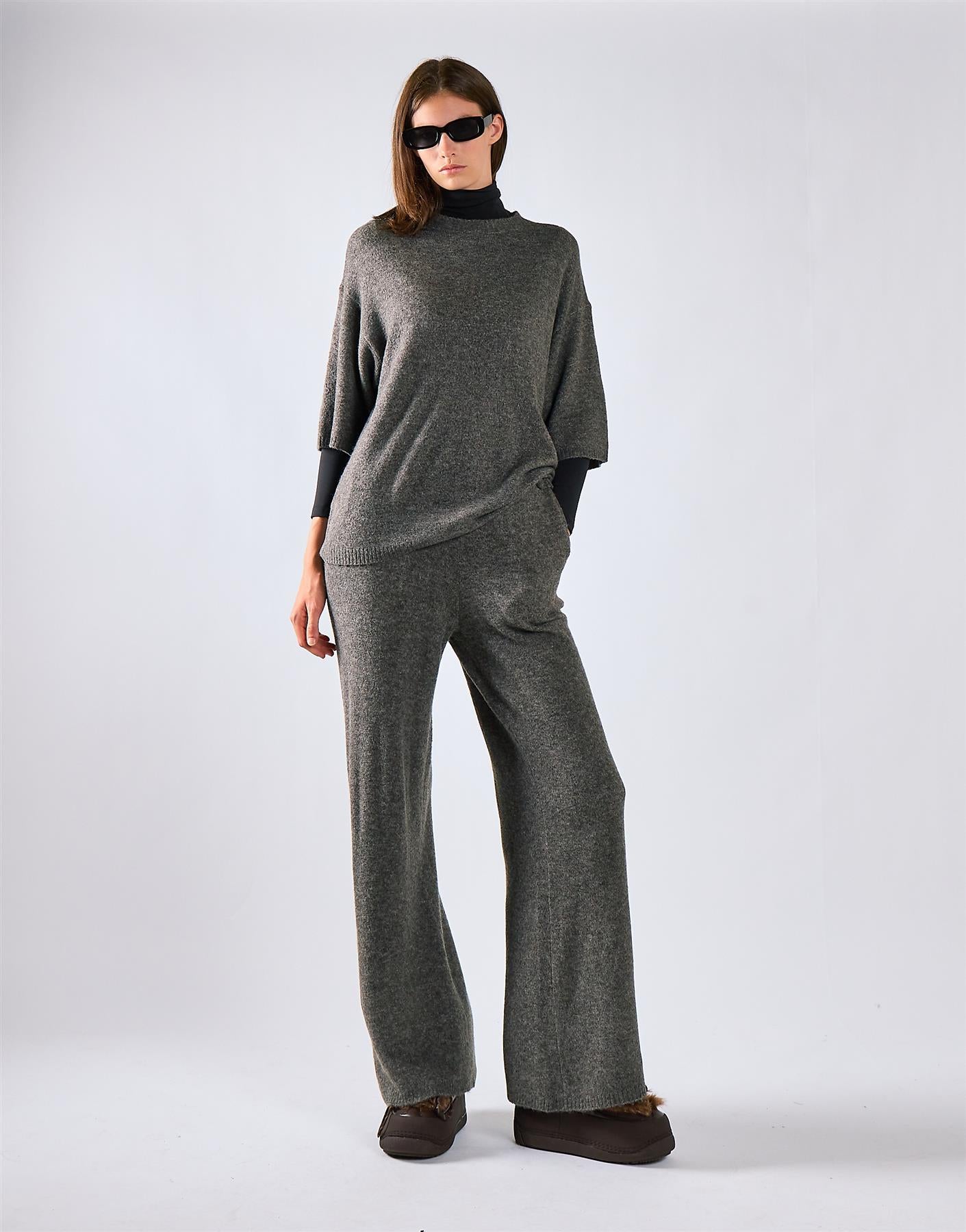 Charcoal Knitted Flare Trousers