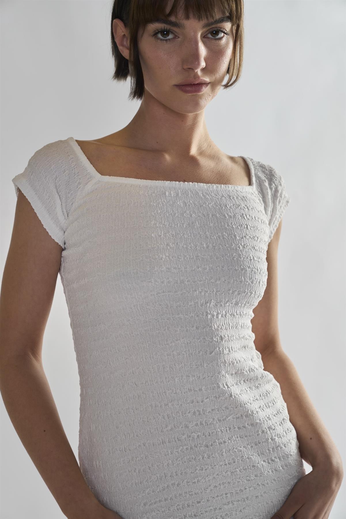 White-Textured Shirred Mini-Dress