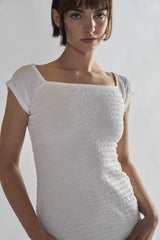 White-Textured Shirred Mini-Dress