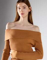 Tan Bardot Knitted Maxi Dress