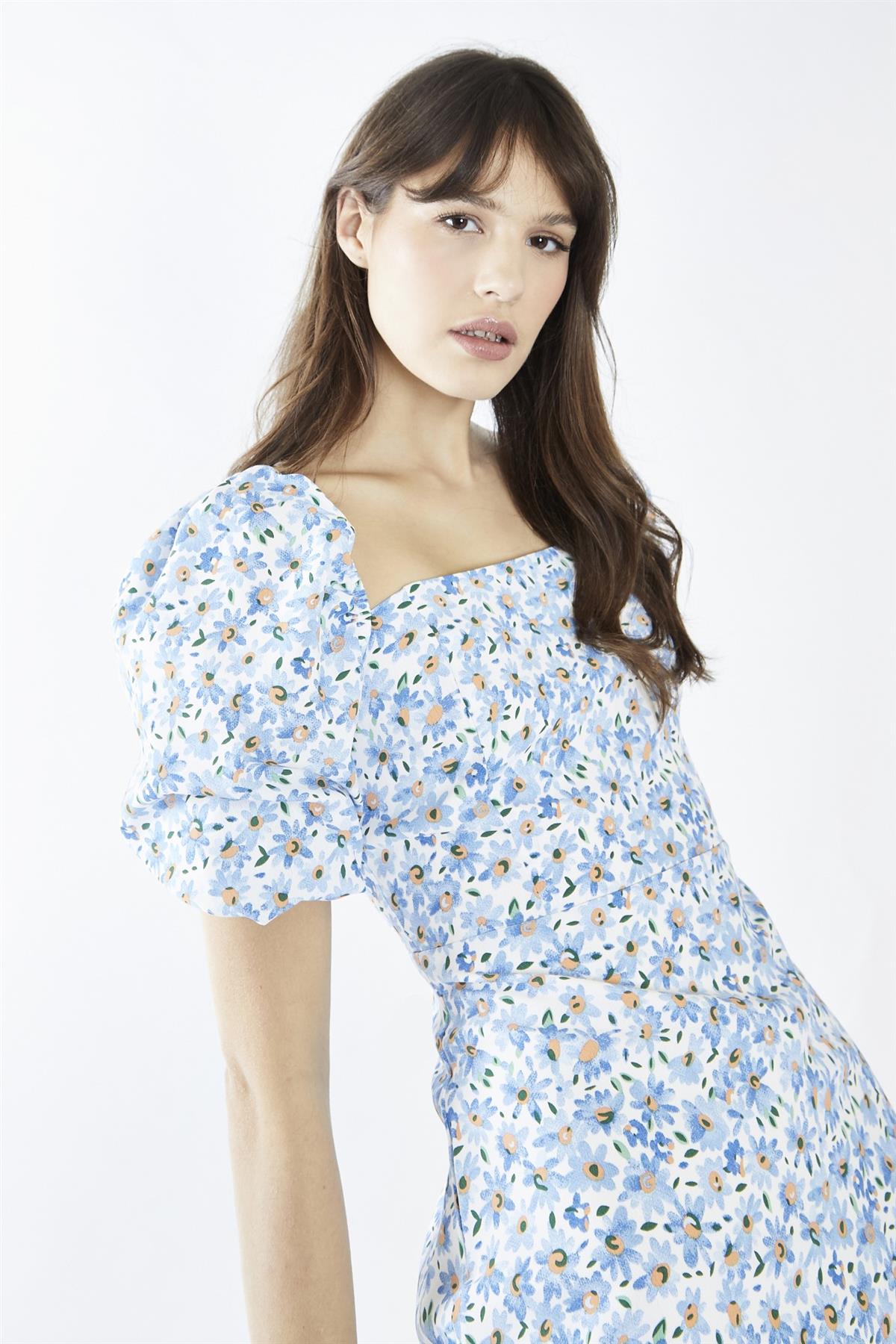 White-Blue Daisy Square-Neck Mini-Dress
