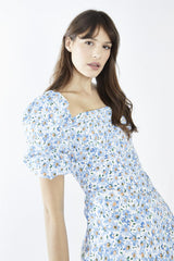 White-Blue Daisy Square-Neck Mini-Dress