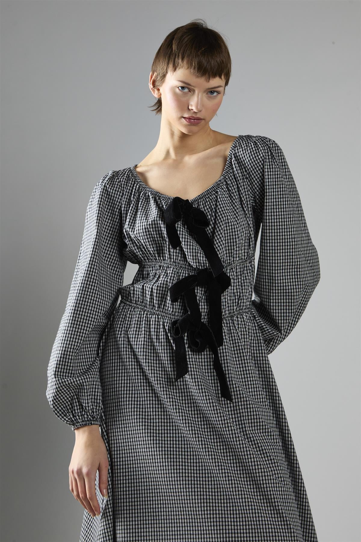 Black Check Velvet Bow Maxi Dress