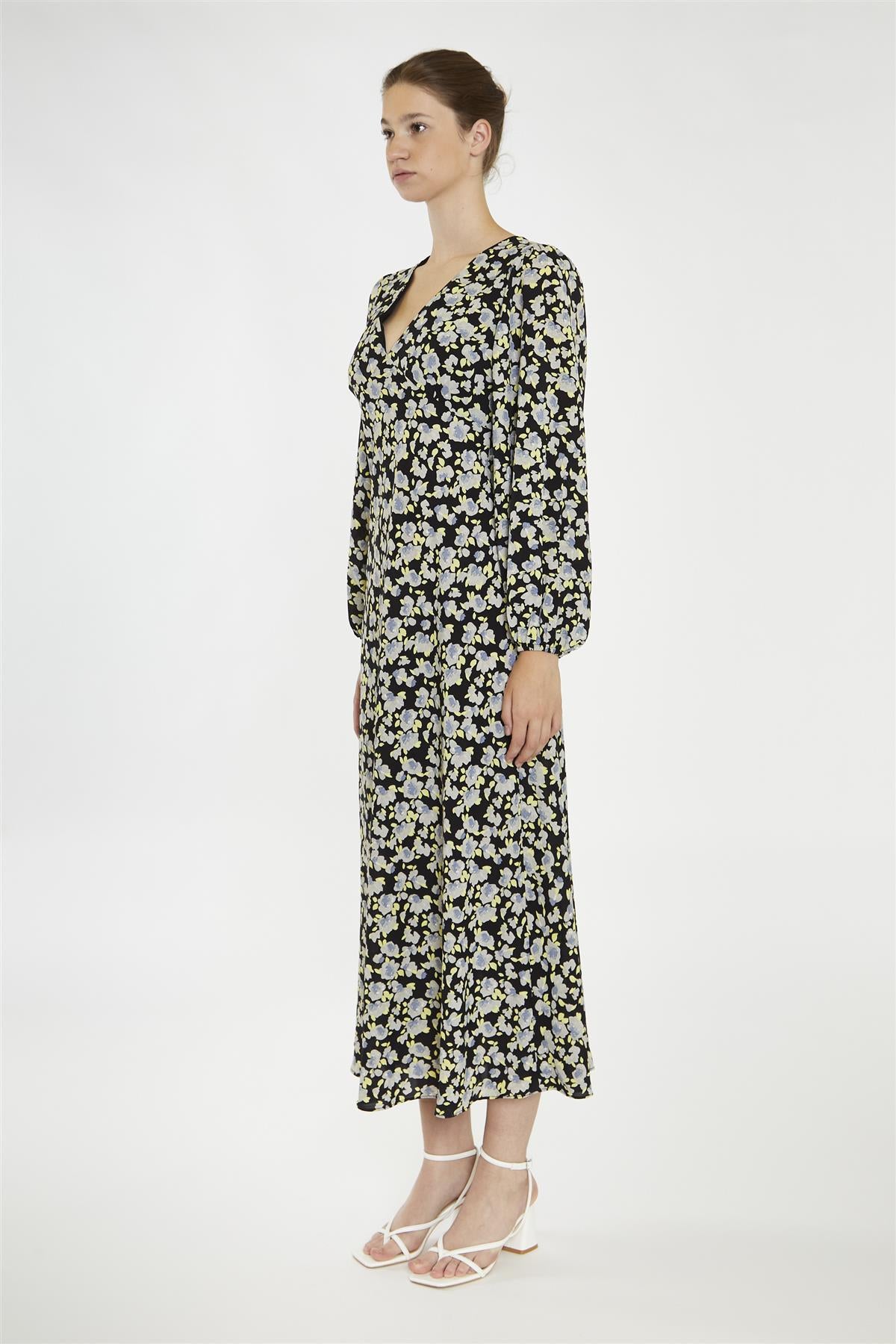 V neck Maxi Dress - Black Grey Flower