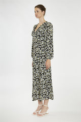 V neck Maxi Dress - Black Grey Flower