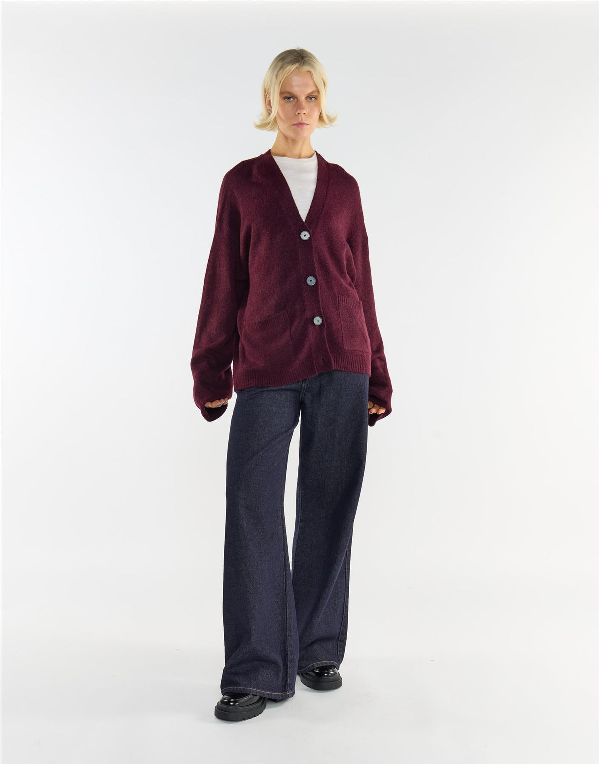Burgundy Button-Front V-Neck Cardigan
