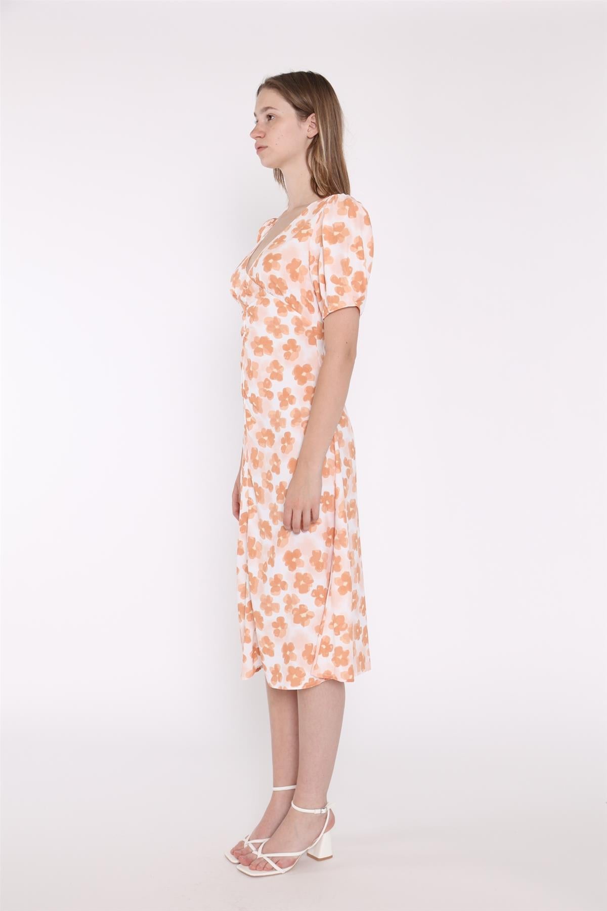 Apricot Blurred-Flower Ruched-Front Midi-Dress