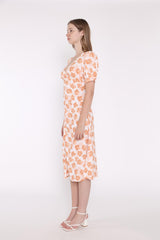 Apricot Blurred-Flower Ruched-Front Midi-Dress