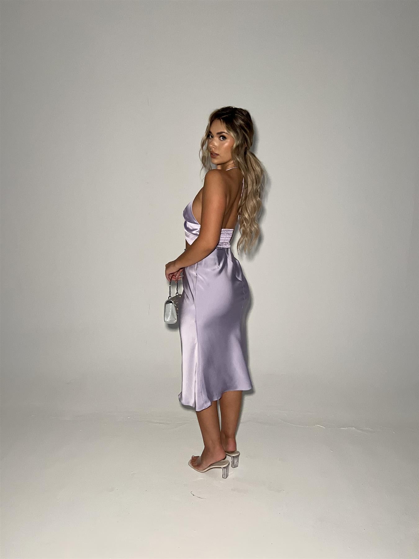 Lilac-Satin Bias-Cut Midi-skirt