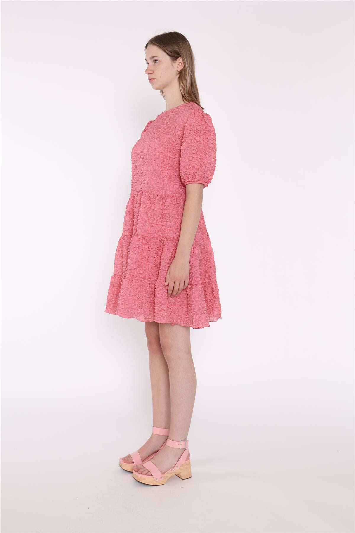 Textured-Rose Puff-Sleeve-Tiered Mini-Dress