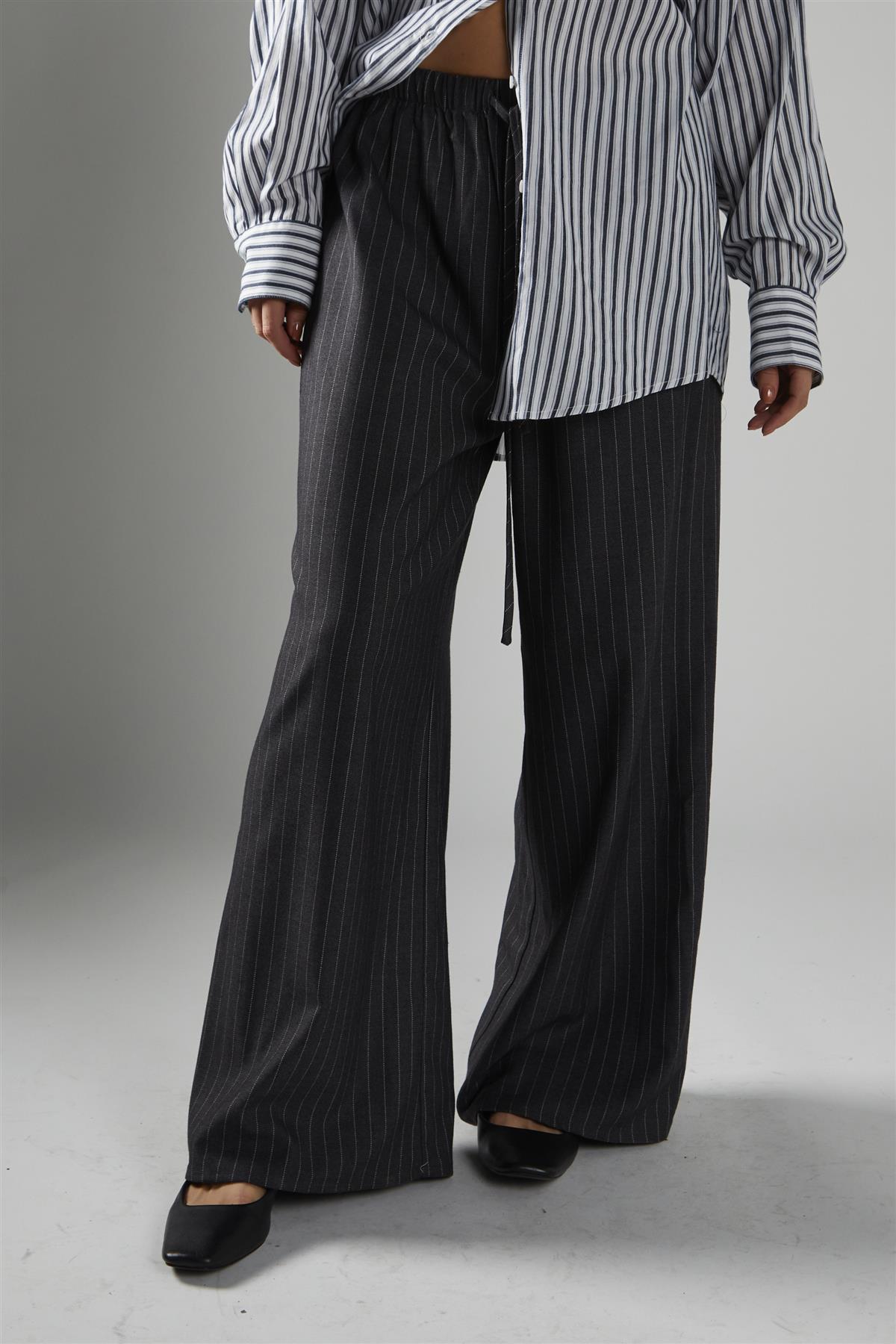 Dark-Grey-Pinstripe Wide-Leg Trousers