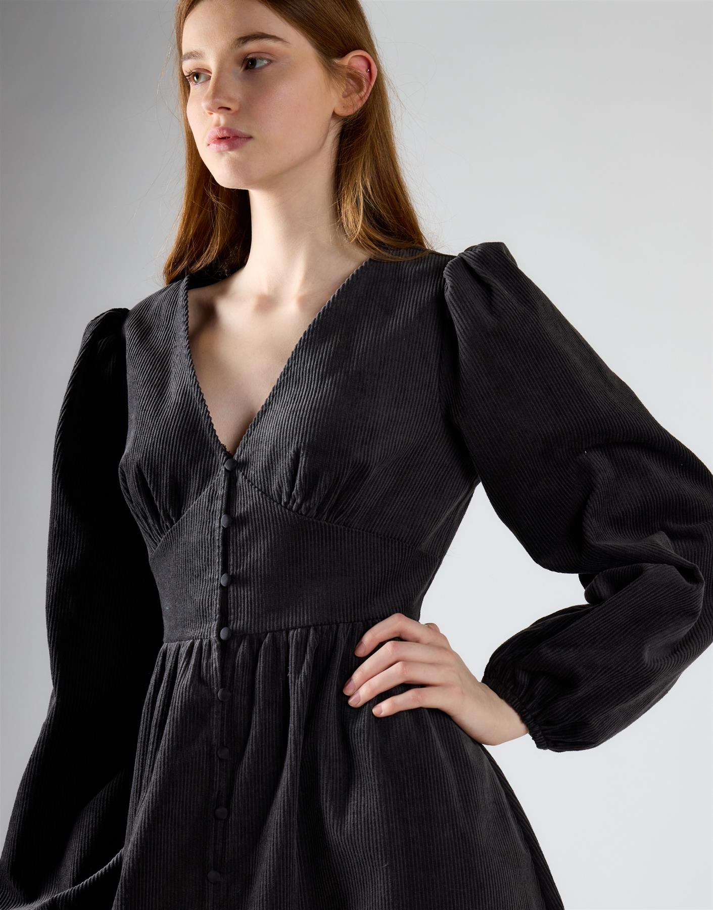 Dark Grey Corduroy V-Neck Button Midi Dress