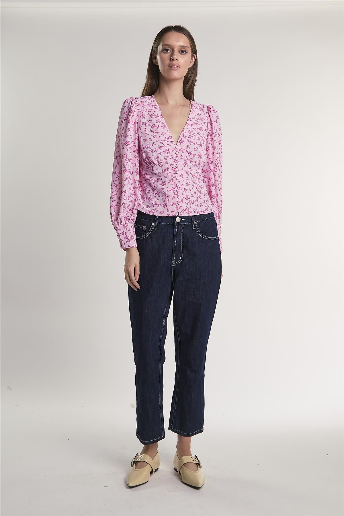Pink-Fuschia-Ditsy Button-Front -Top