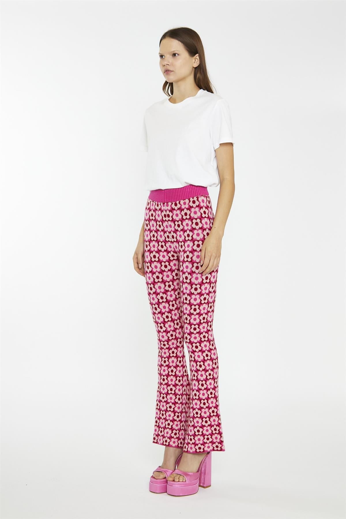Pink Red Flower Check Flare High-Waist-Trousers