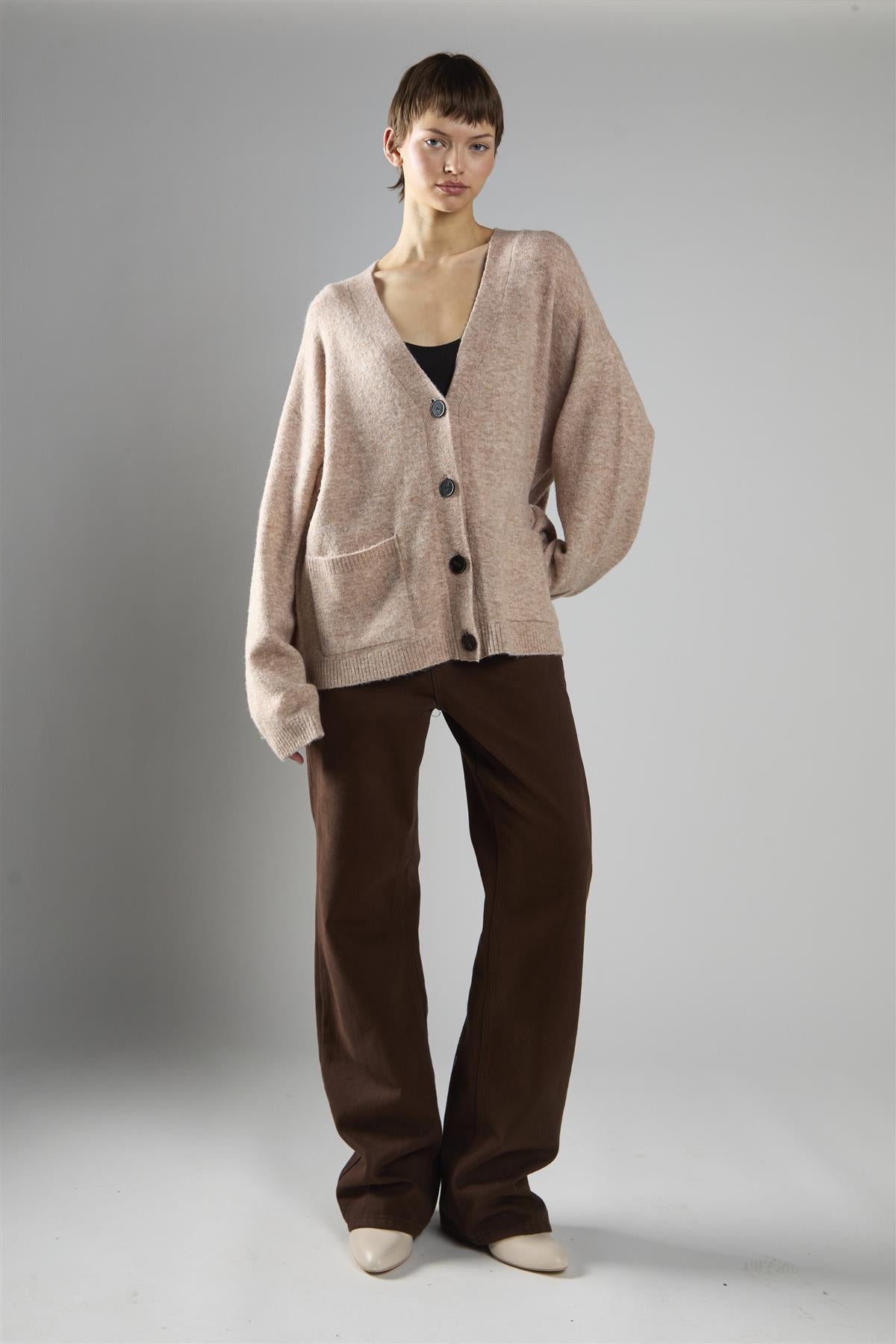 Beige Marl Button-Front V-Neck Cardigan