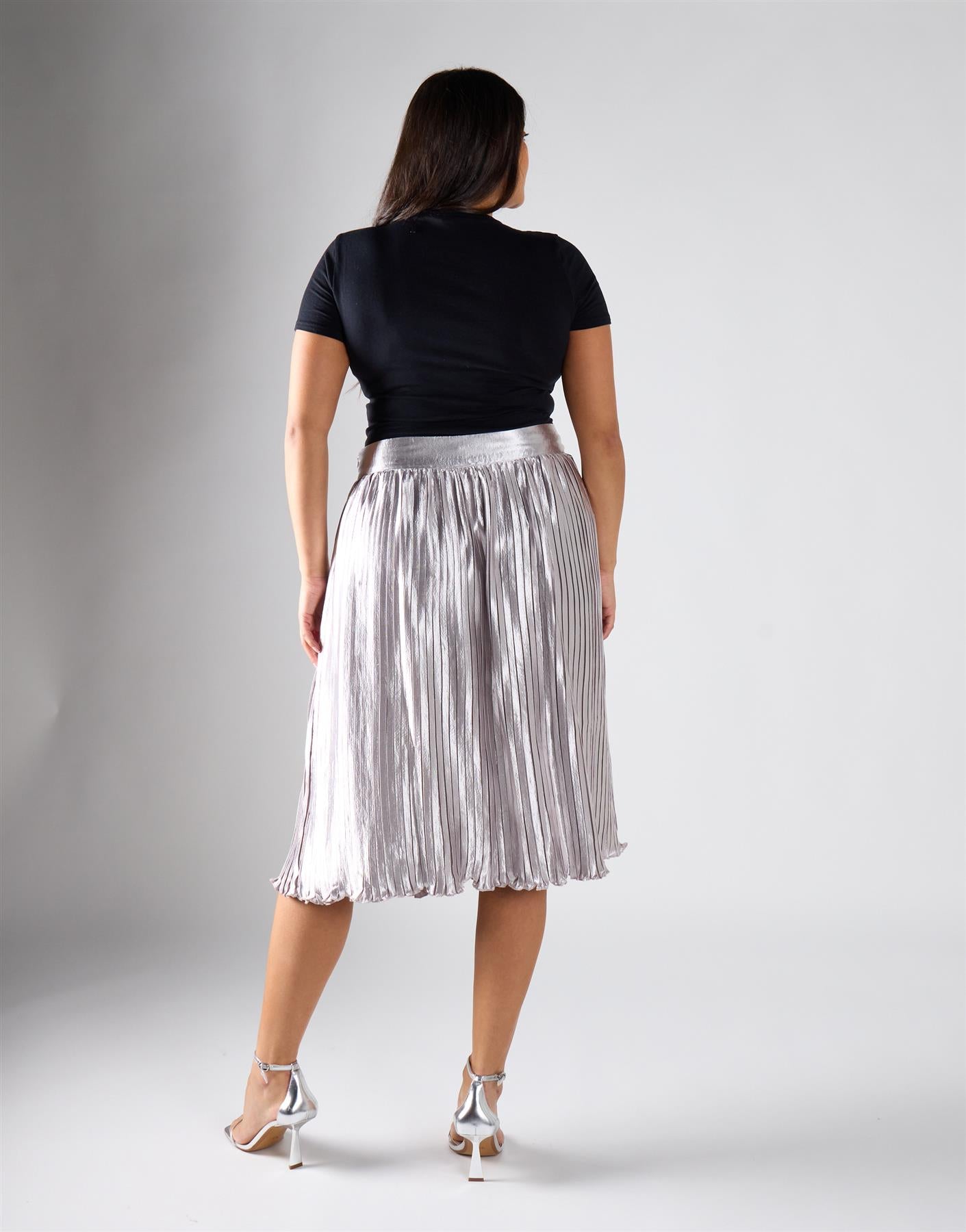 Glamorous Curve Light Silver Pleated Midi Skirt