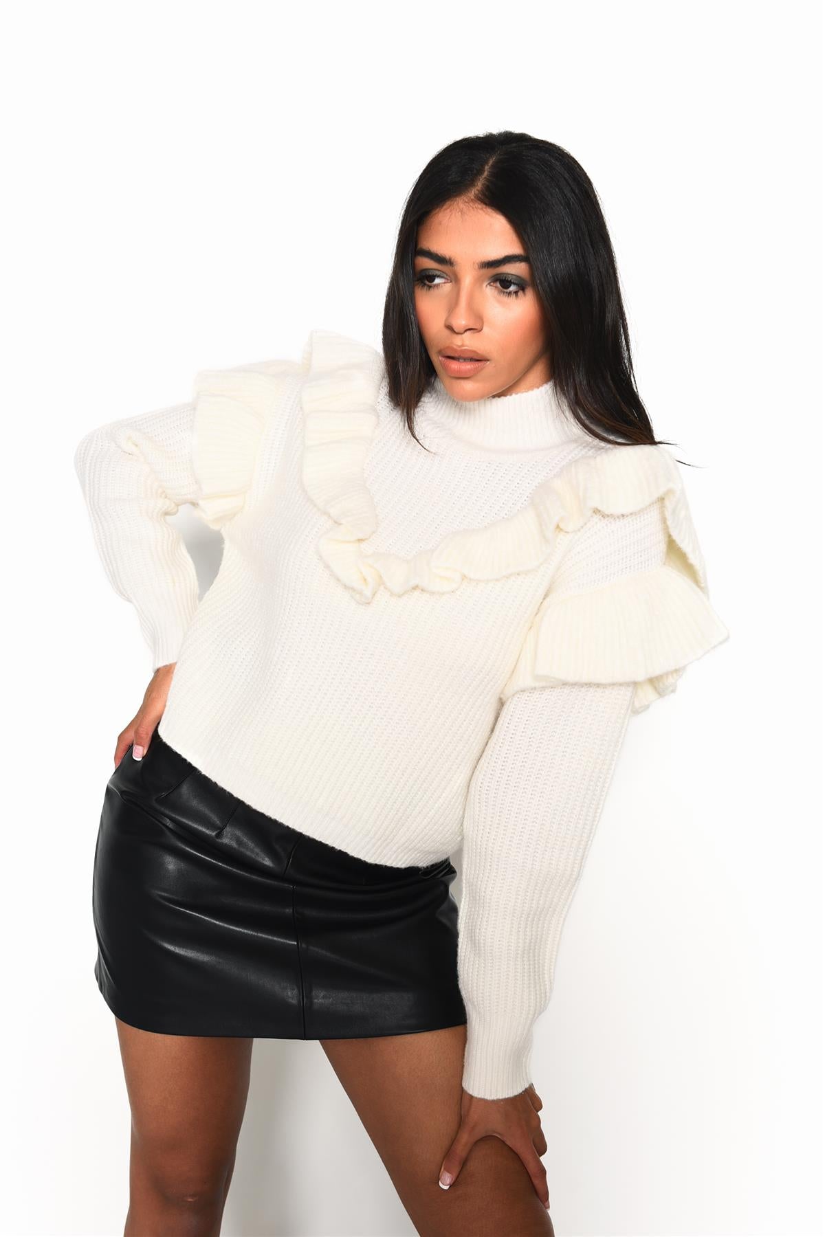 Cream High Neck Jumper with Ruffle Detail