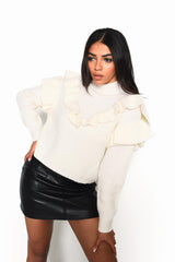 Cream High Neck Jumper with Ruffle Detail