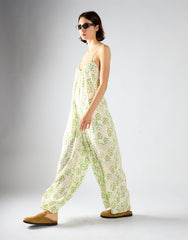 White Green Multi Daisy V-Neck Jumpsuit