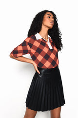 Orange Check Oversized Top with Contrasting White Collar