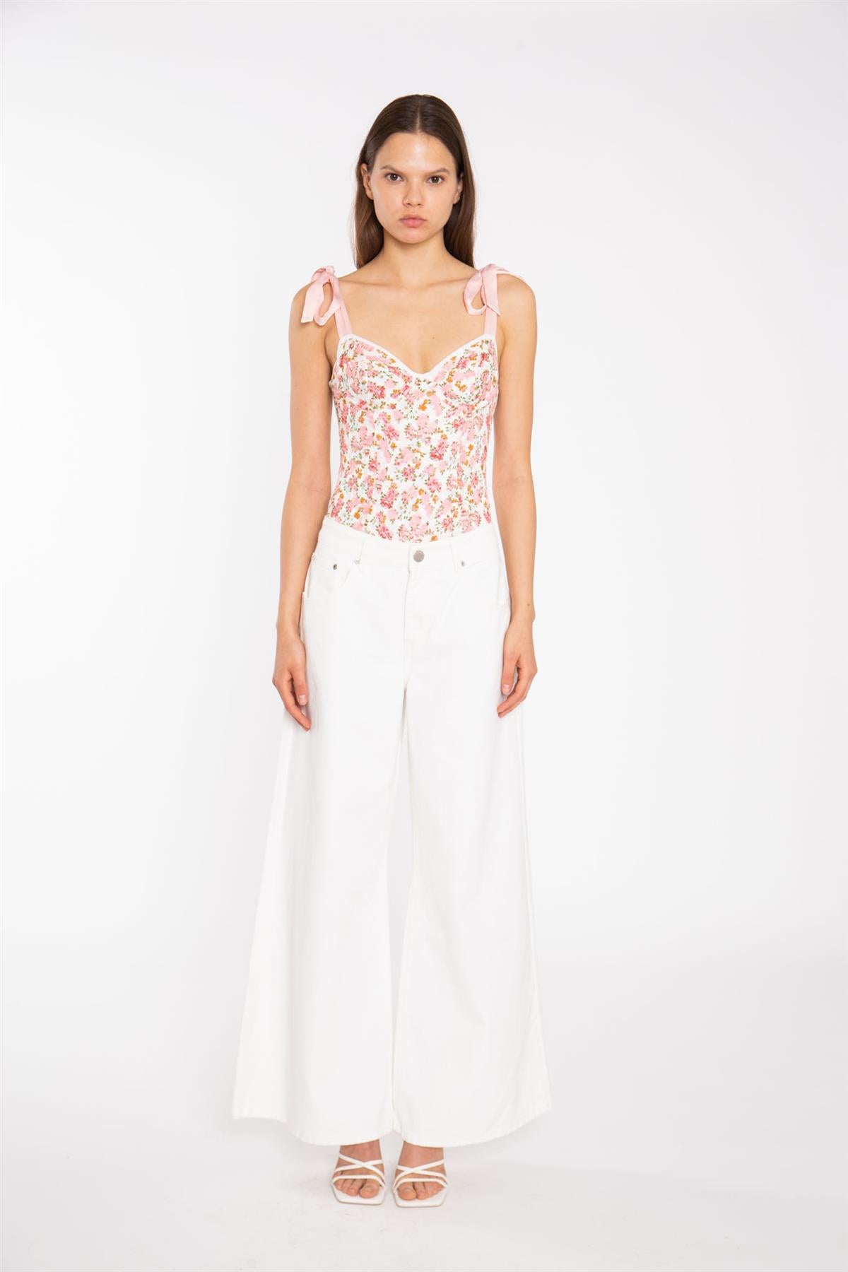 Pink Multi-Floral Lace Ribbon Straps Corset Style-Bodysuit