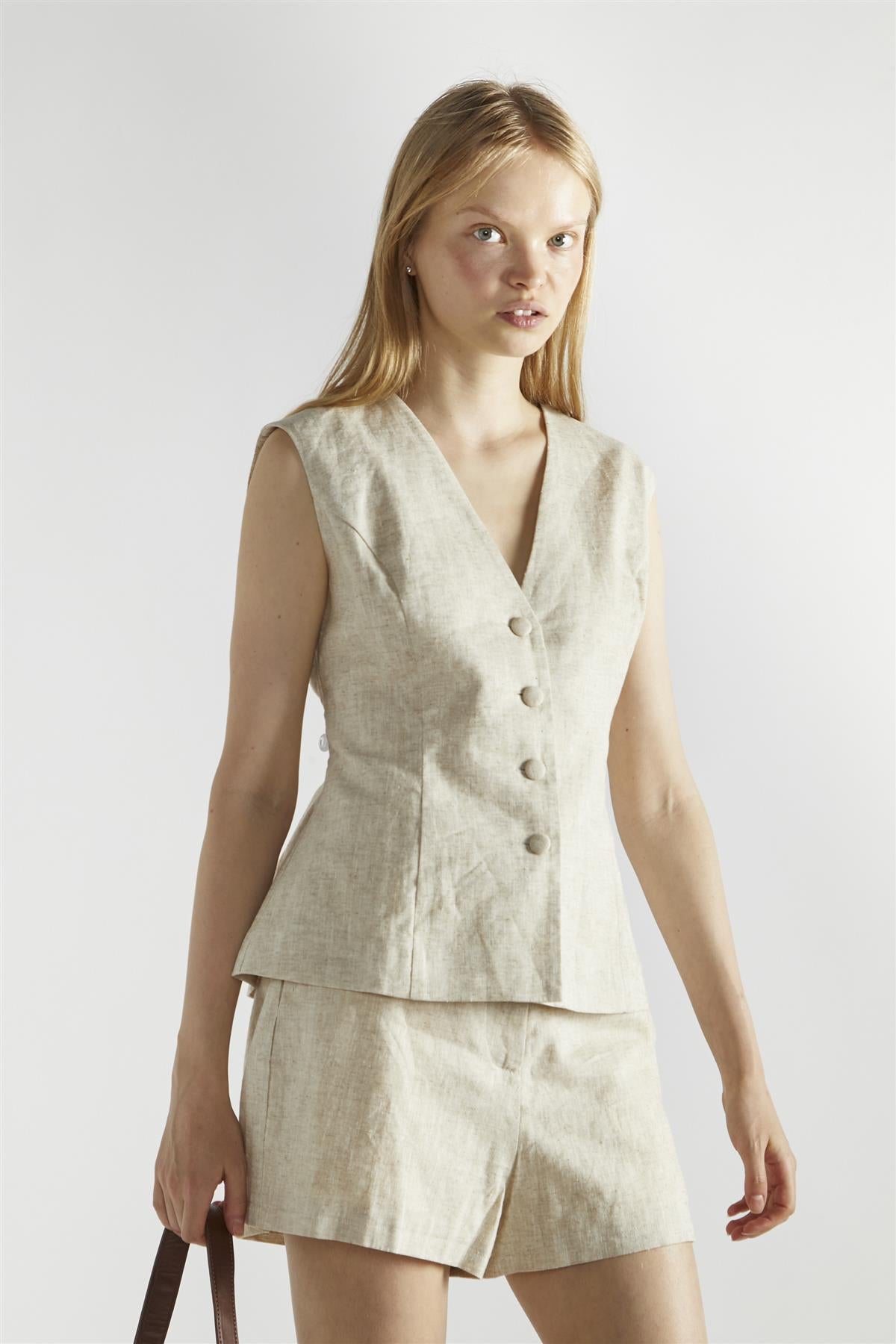Natural Sleeveless Button Front Vest-Top