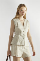 Natural Sleeveless Button Front Vest-Top