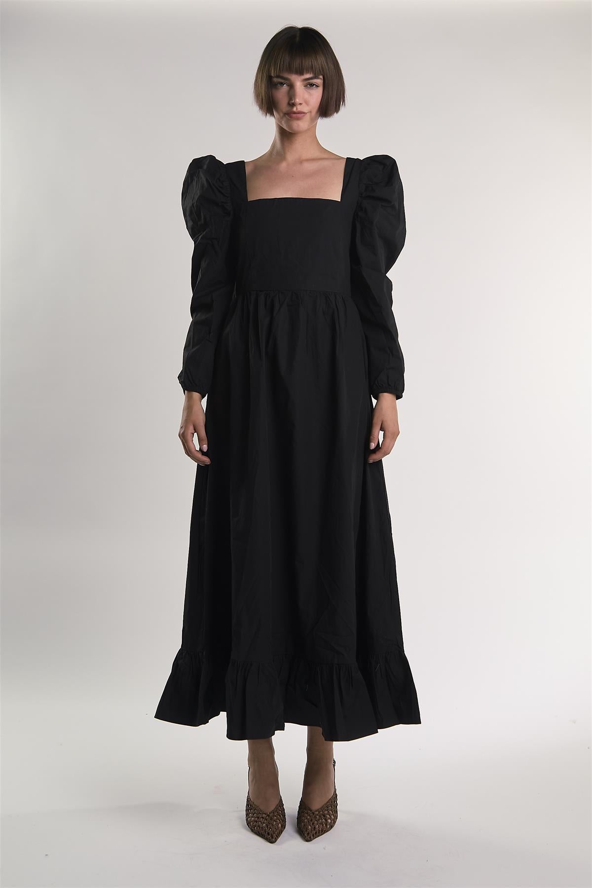 Black Puff-Long-Statement-Sleeve Maxi-Dress