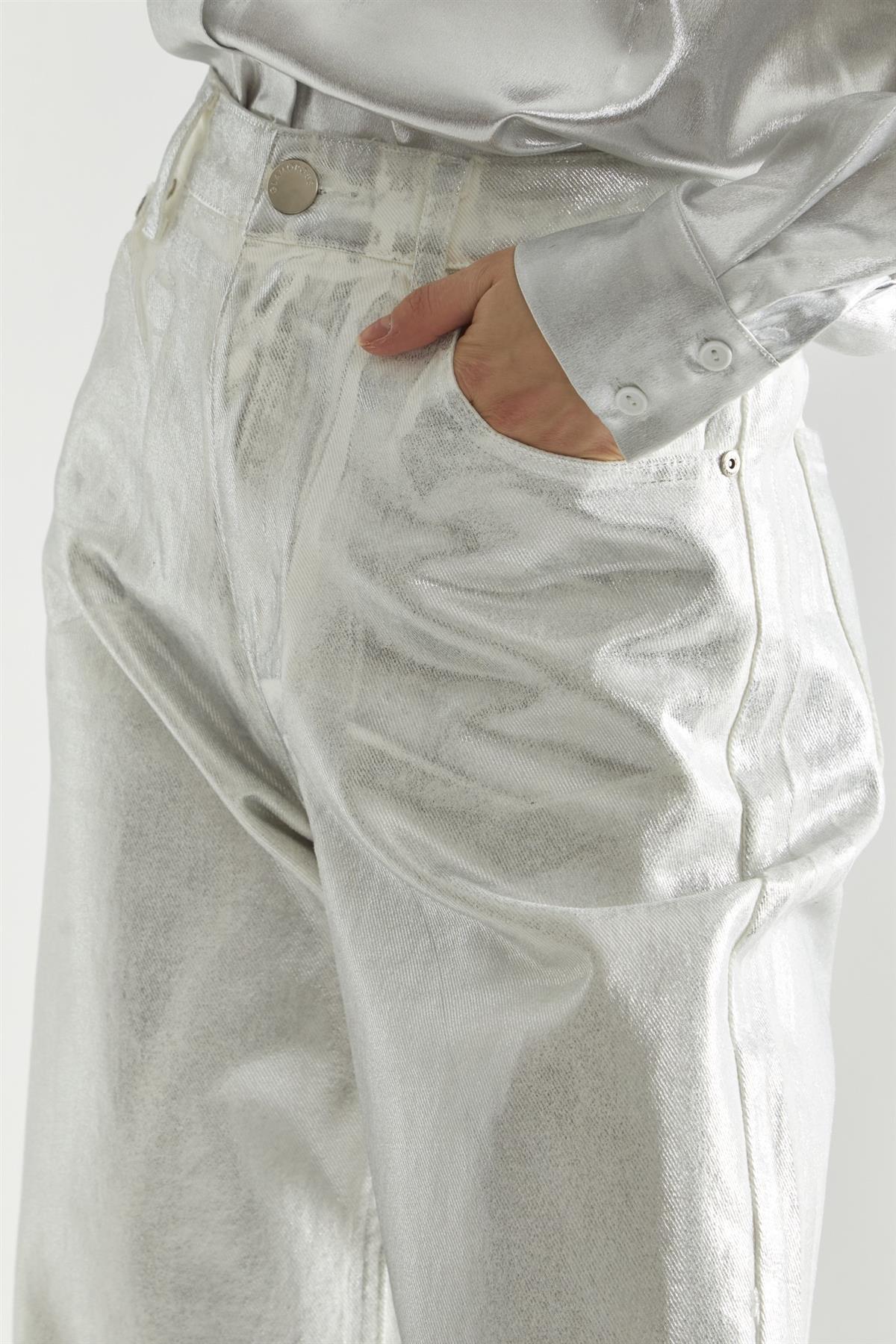 White Silver-Foil High-Waisted Wide-Leg Jeans