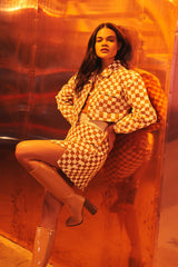 Brown White Checkerboard Pattern Denim Cropped Jacket