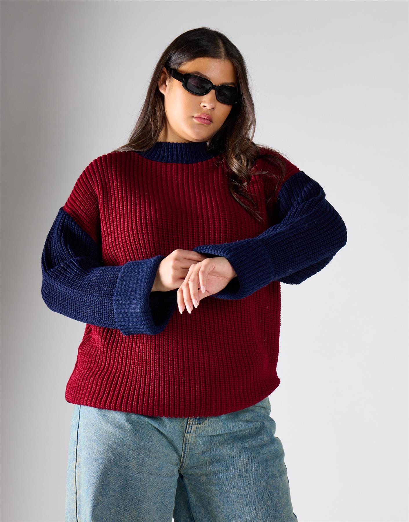 Burgundy Navy Round Neck Knit Jumper