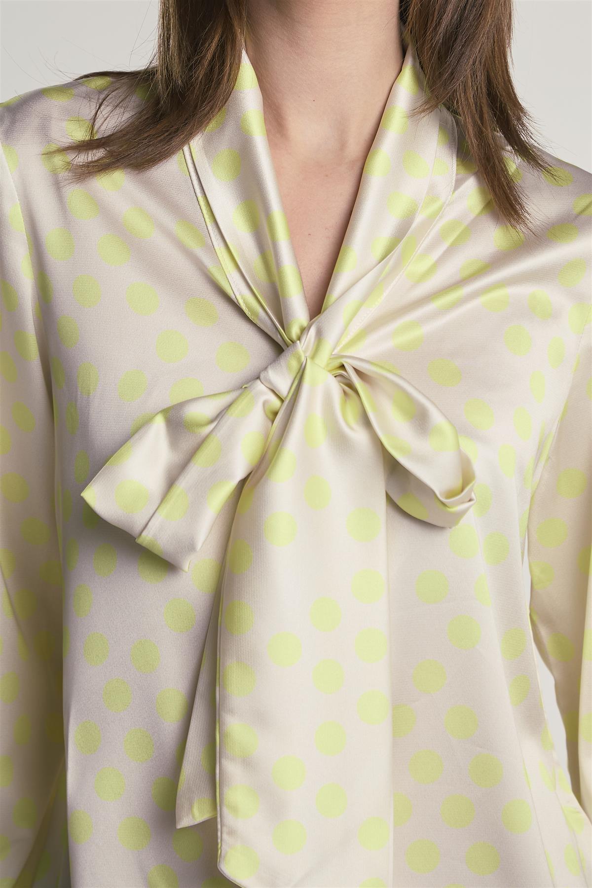 Yellow-Polka-Dot Front-Tie Long-Sleeve-Top