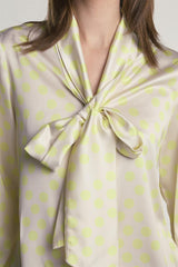 Yellow-Polka-Dot Front-Tie Long-Sleeve-Top