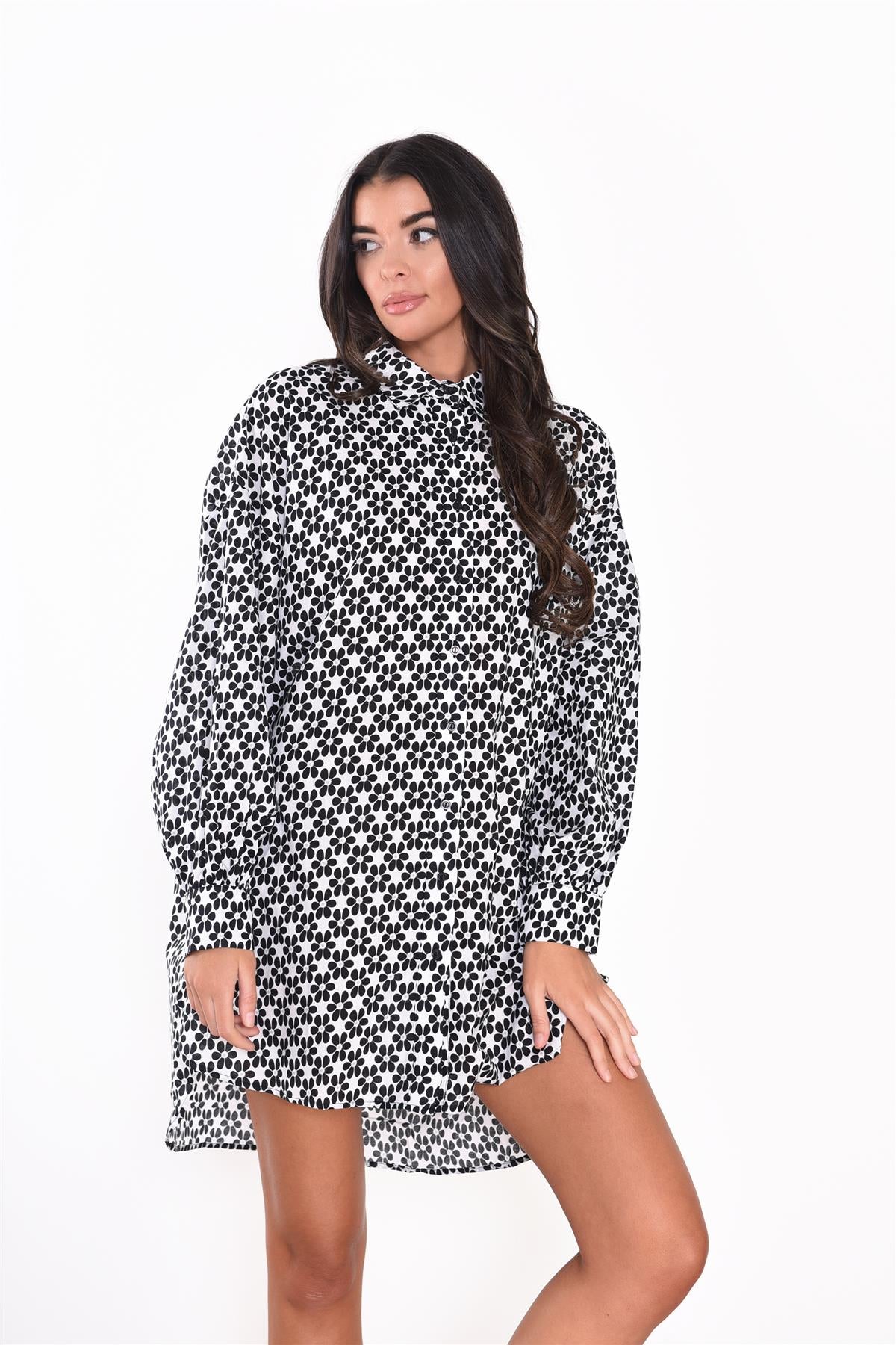 White-Black-Daisy Long-Sleeves-Mini-Shirt-Dresses