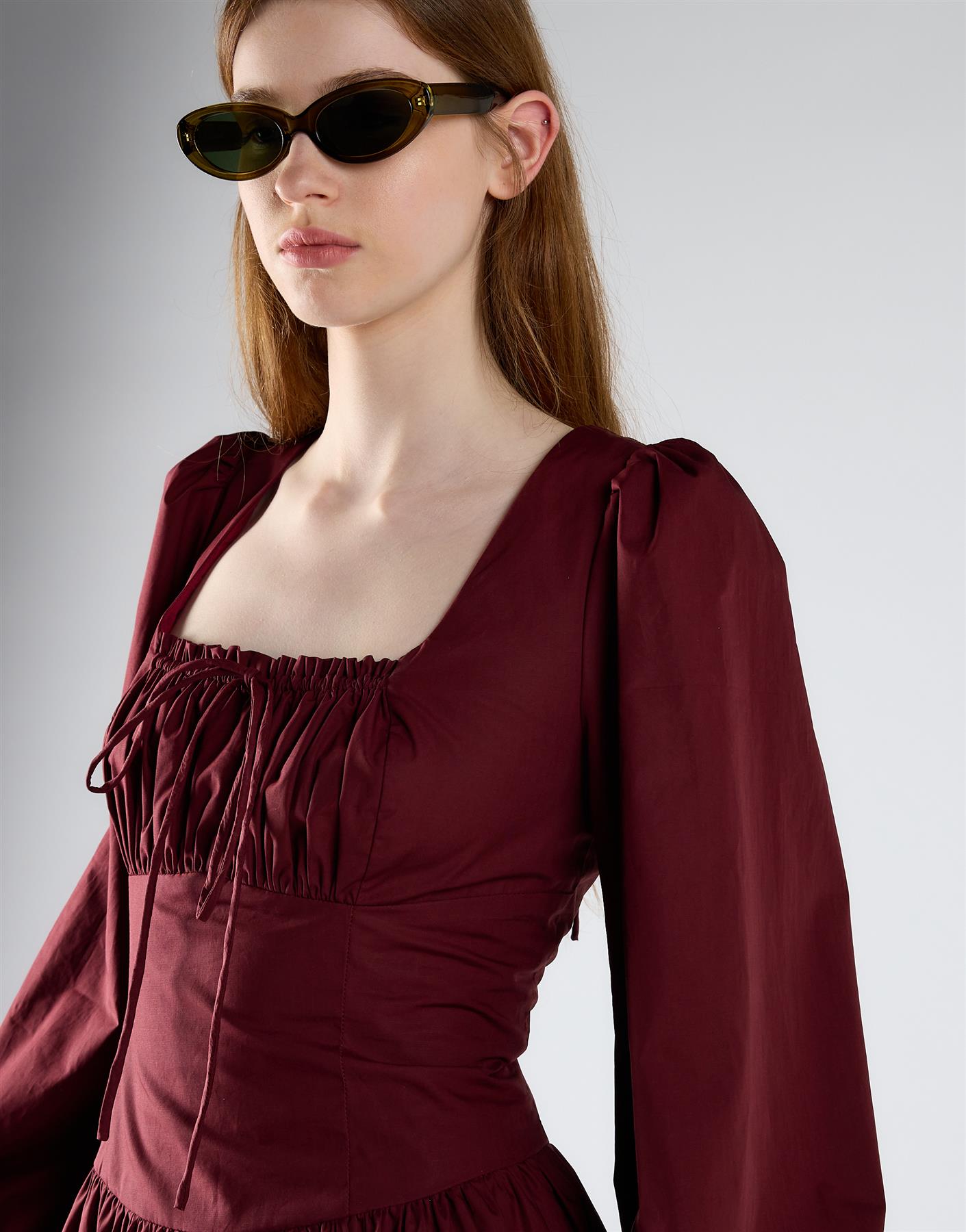 Burgundy Ruched Bust Long Sleeve Midi Dress