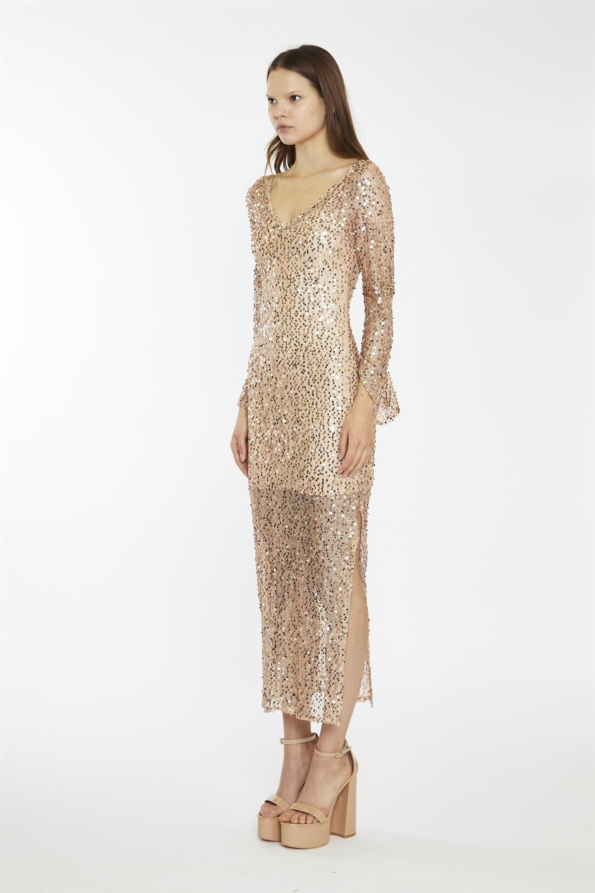 Rose-Gold Sequin Mesh V-Neck Maxi-Dress glamorouswholesaleuk Rose-Gold Sequin Mesh V-Neck Maxi-Dress glamorouswholesaleuk