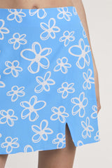 Blue-Scribble-Daisy Side-Slit Mini-Skirt