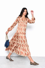 Tan-Yellow-Floral Long-Sleeve-Pleated Maxi-Dress
