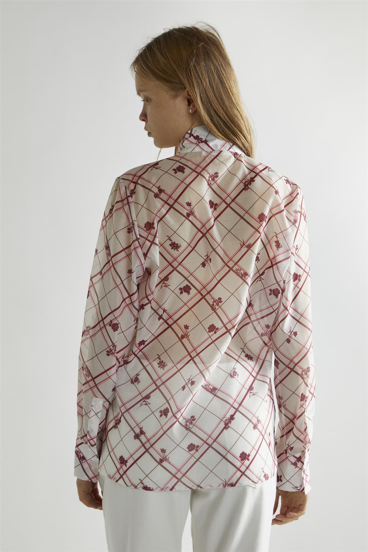 Burgundy Floral Check Tie Detail Blouse