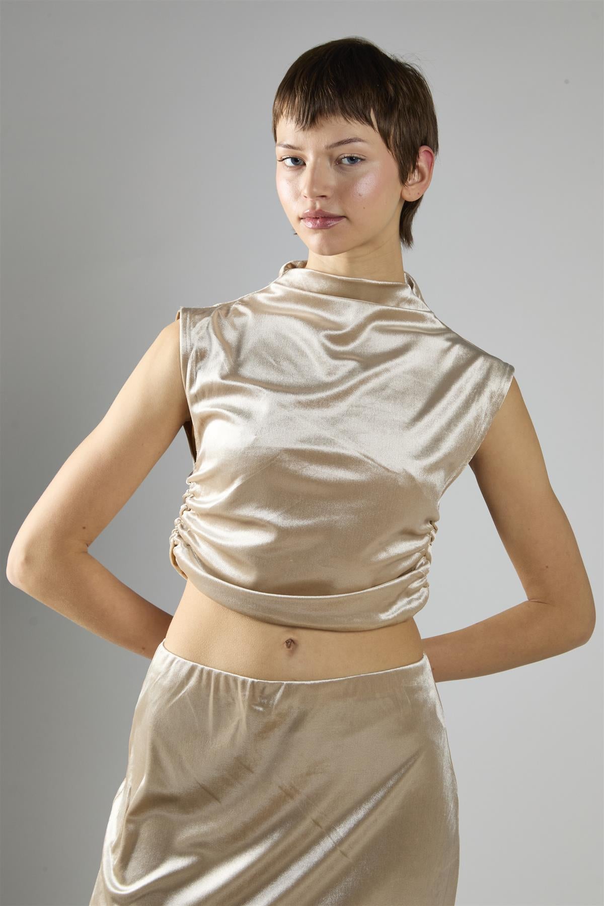 Oyester Velvet Sleeveless Mock Neck Crop Top