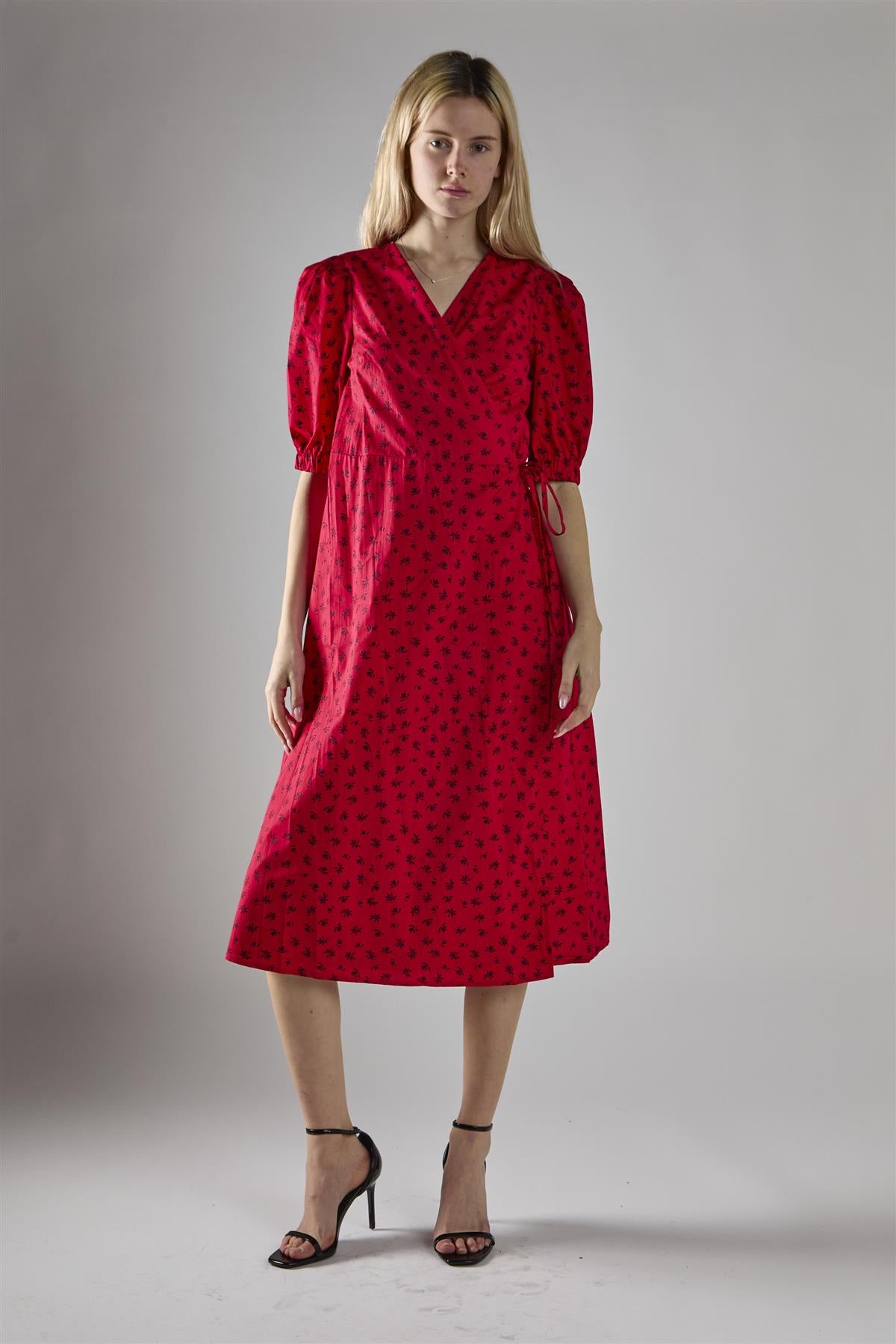 Red Ditsy V-Neck Wrap Midi-Dress