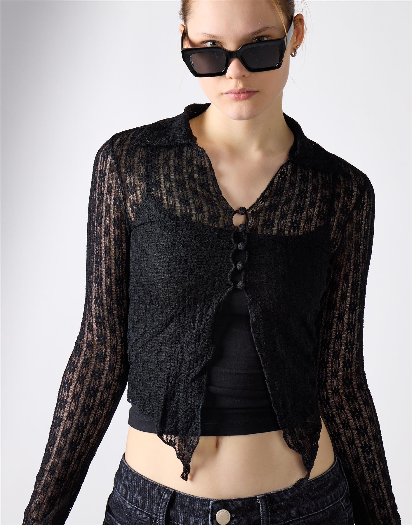 Long Sleeve Collar Top - Black Lace