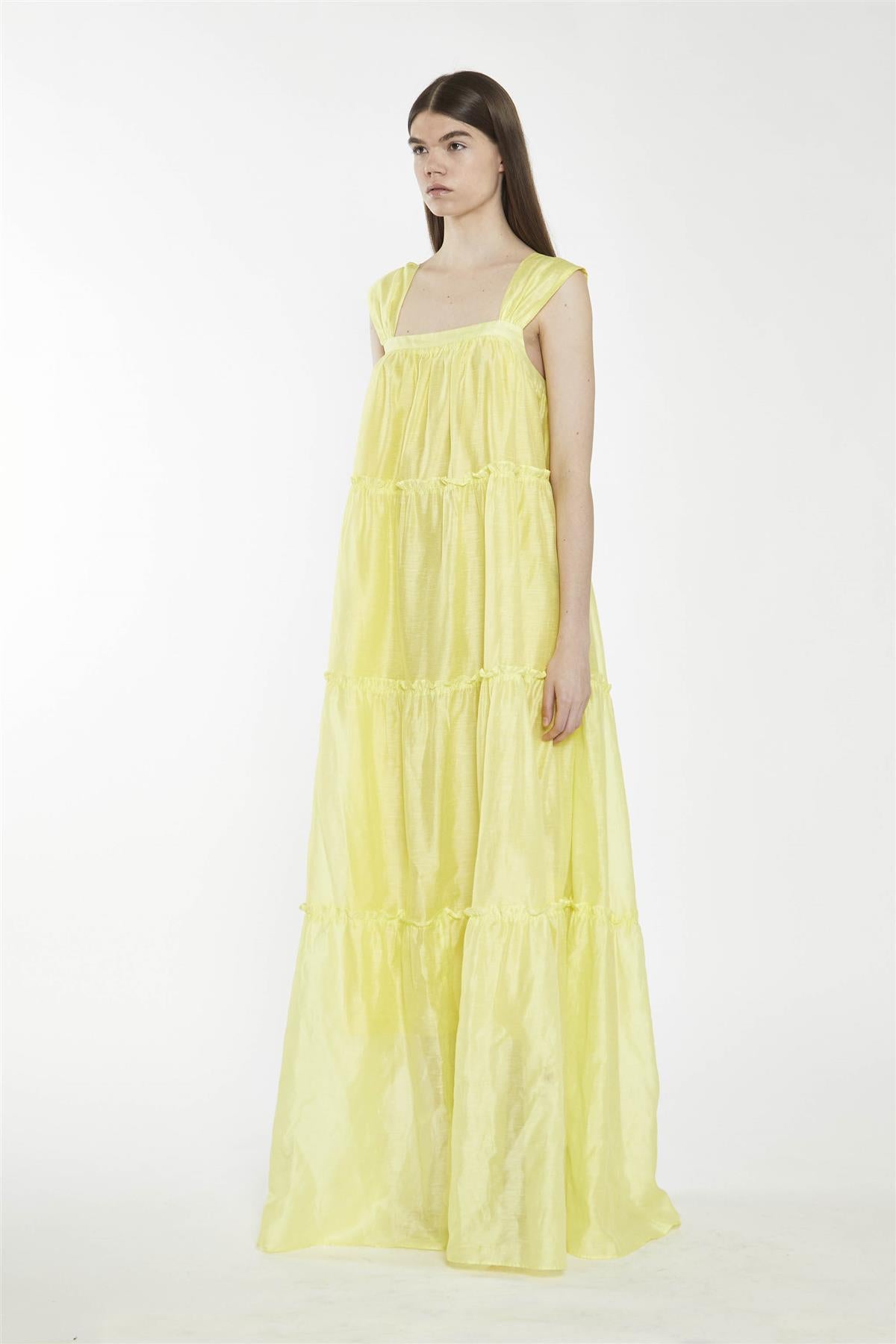 Lime Yellow Square-Neck Tiered Maxi-Dress